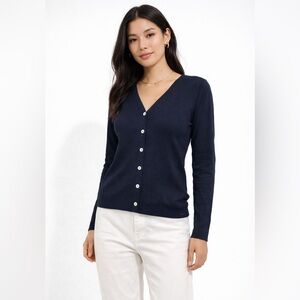 Saint James Navy Button Front Cardigan Sweater Minimalist Quiet Luxury Chic